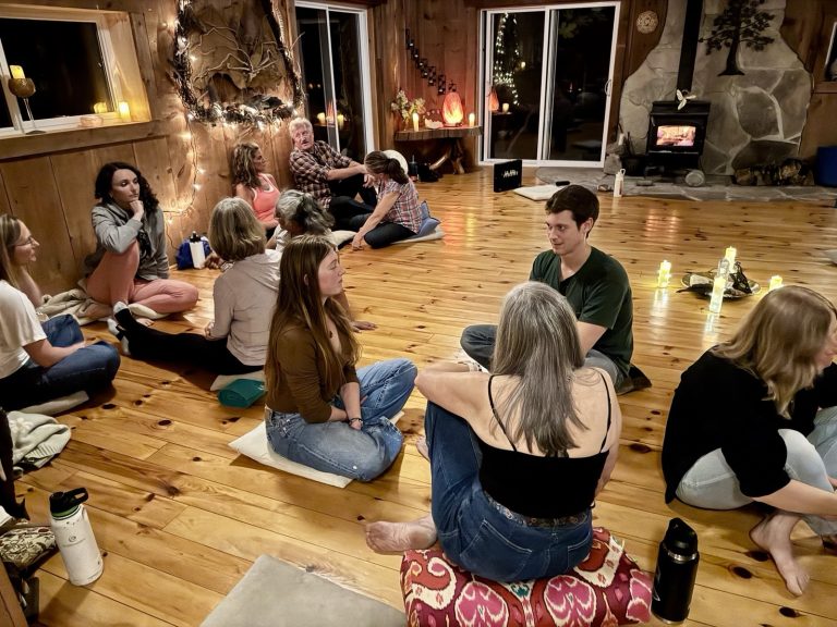 group conversation in event lodge